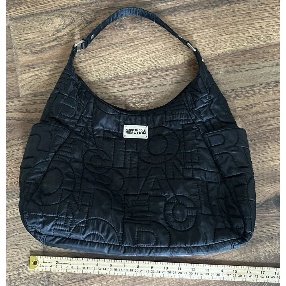 Kenneth Cole Reaction Y2K Black Quilted Nylon Logo Hobo Shoulder Bag